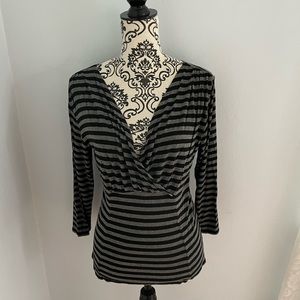 Masai Clothing Company Gray and Black Striped V Neck Shirt Size Small